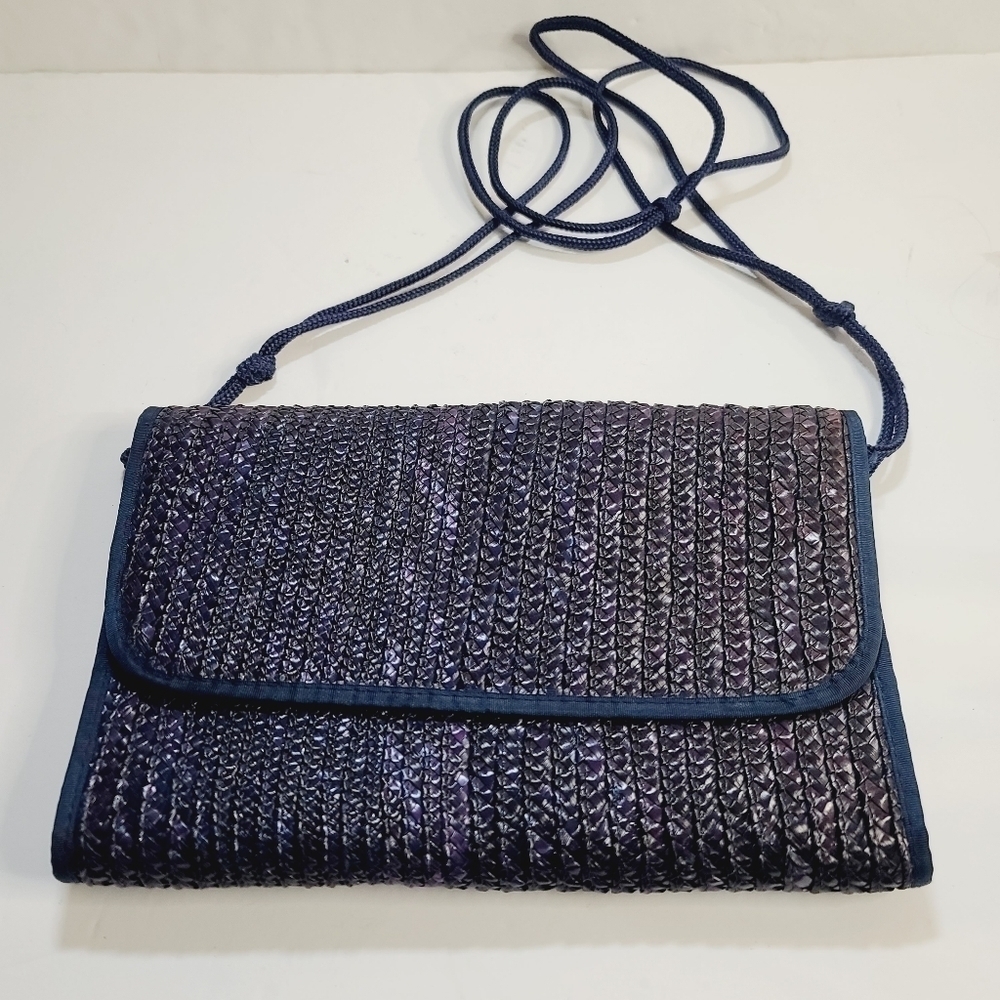 Y2K Navy Blue Straw Envelope Foldover Crossbody Purse Waves